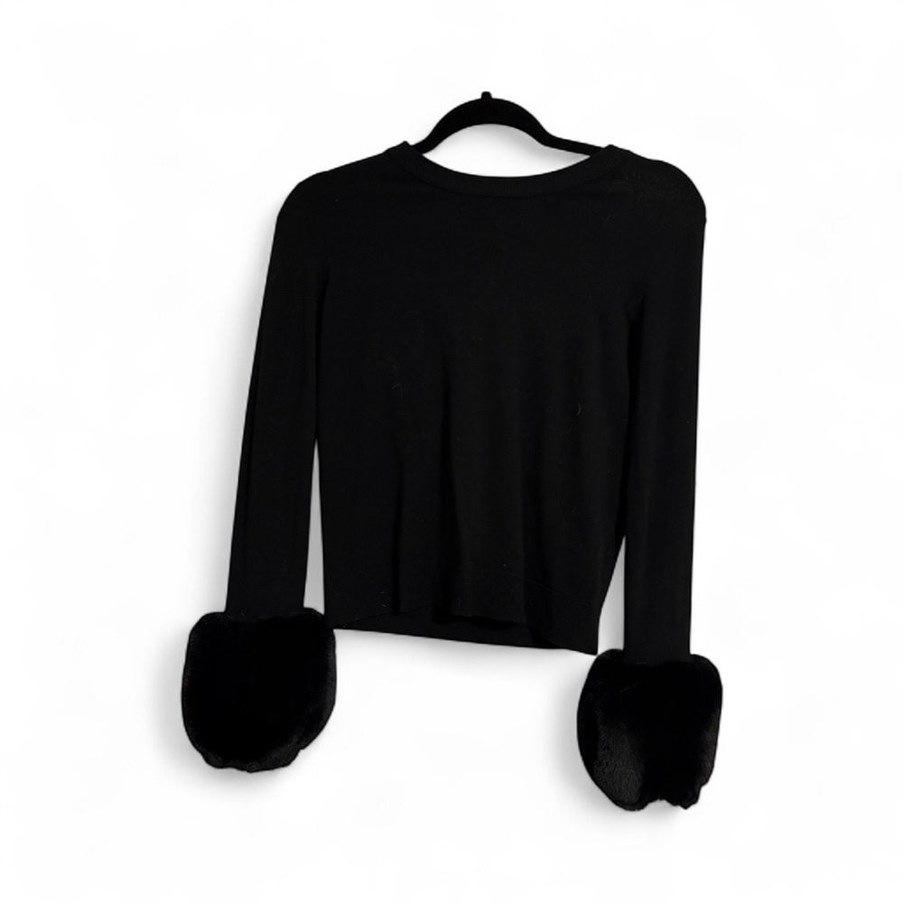 Milly Black Long Sleeve Top with Faux Fur Cuffs